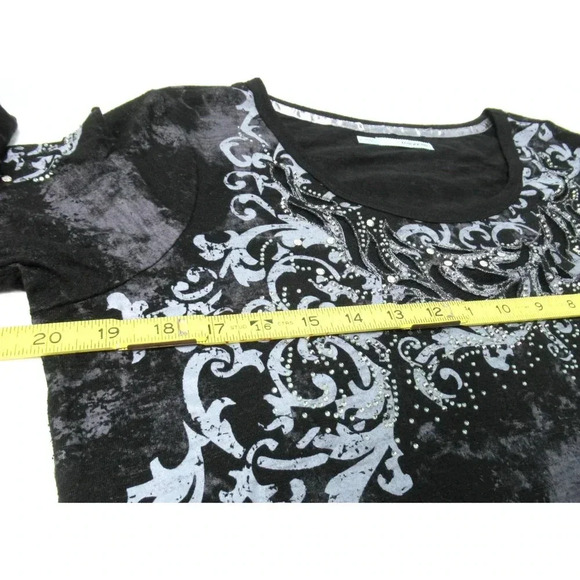 Maurices Top Burnout Tee Rhinestone Embellished Black Silver Sheer Long Sleeve - Picture 4 of 8